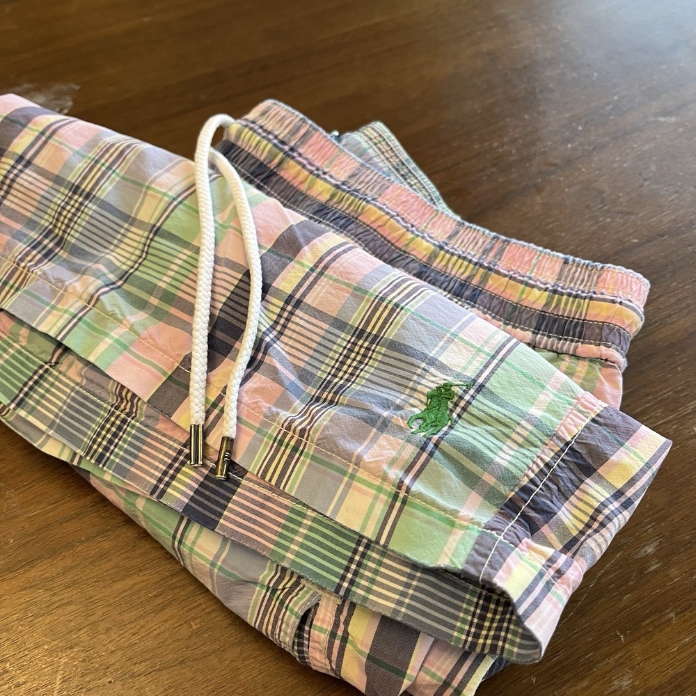 Polo Ralph Lauren Men Plaid Swim Trunks Multicolor L Cotton Blend 5.5" Inseam